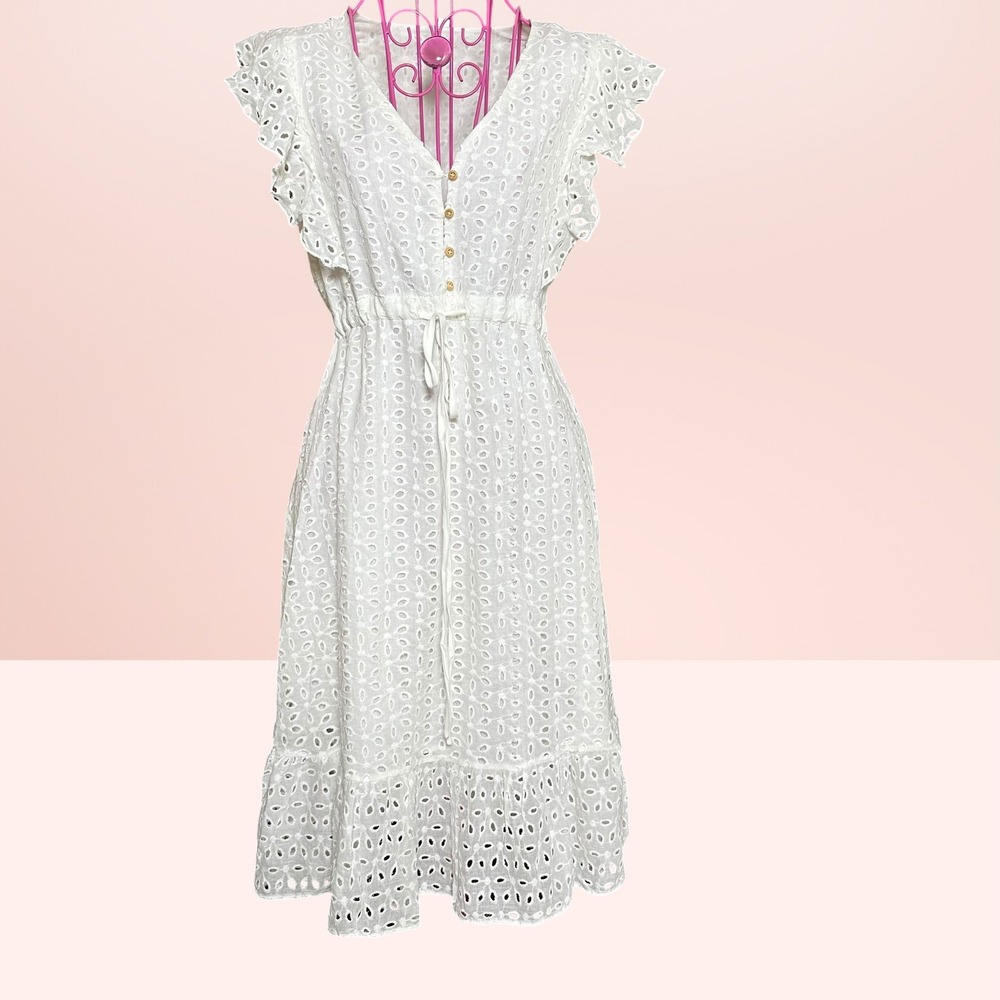 SHEIN‎ White Eyelet Embroidery Midi Dress Cottagecore Boho Small White Summer